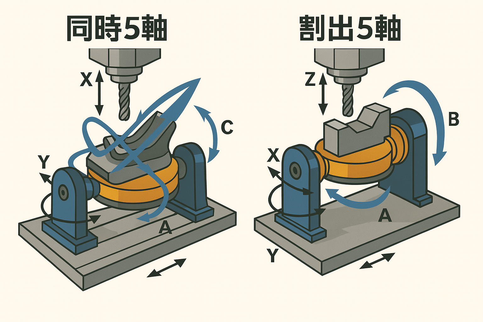 同時5軸マシニングセンタと割り出し5軸マシニングセンタ